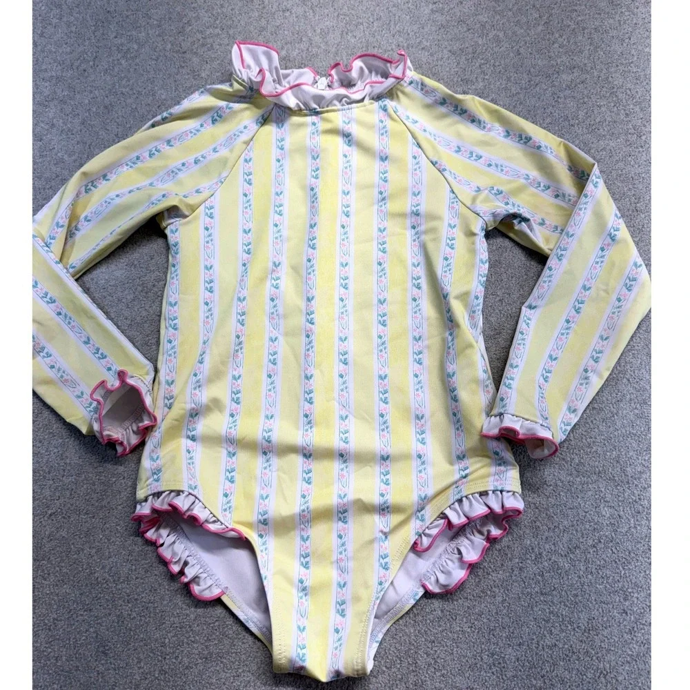 Edgehill Collection Girls 6 Swimsuit Long Sleeve Floral Stripe Ruffle Rash Guard